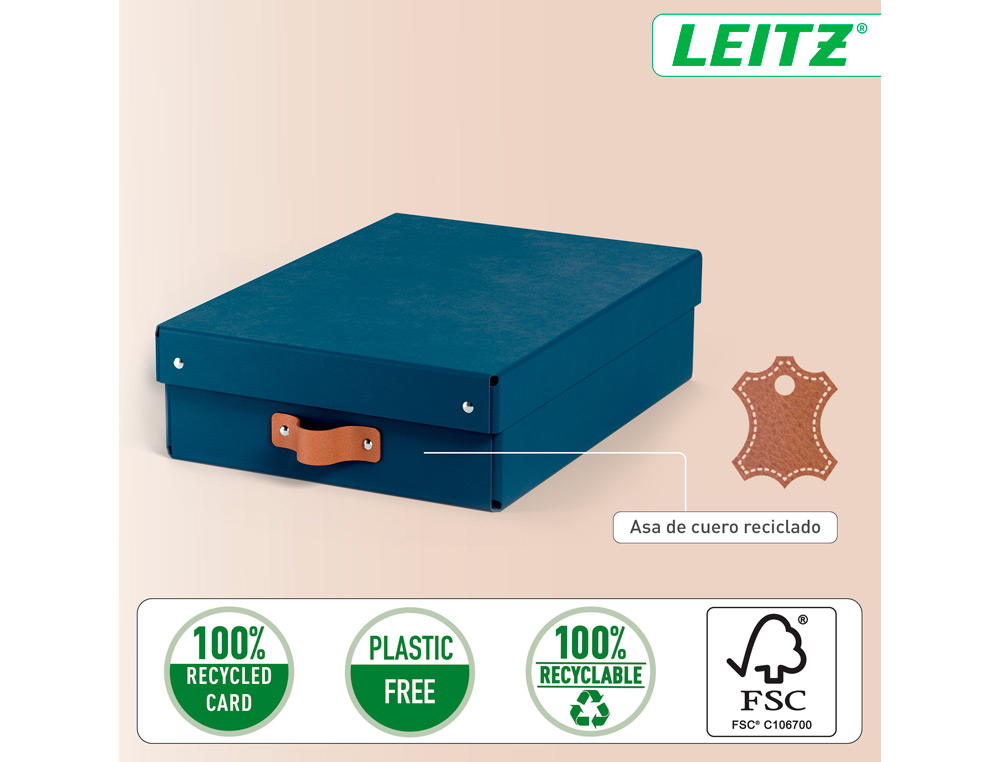 CAJA DE ALMACENAJE LEITZ CARTON MEDIANA BAJA CON ASA DE PIEL COLOR AZUL PACK DE 2 UNIDADES