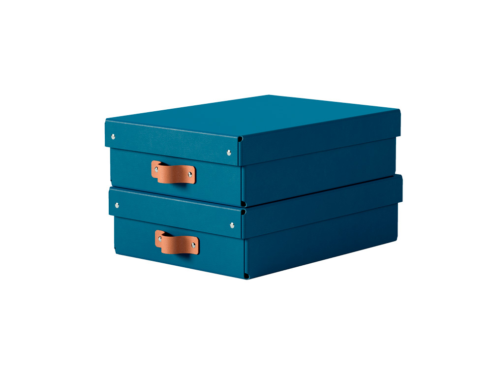 CAJA DE ALMACENAJE LEITZ CARTON MEDIANA BAJA CON ASA DE PIEL COLOR AZUL PACK DE 2 UNIDADES