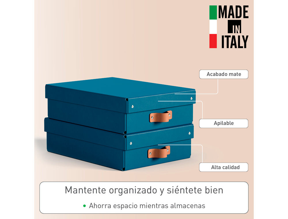 CAJA DE ALMACENAJE LEITZ CARTON MEDIANA BAJA CON ASA DE PIEL COLOR AZUL PACK DE 2 UNIDADES