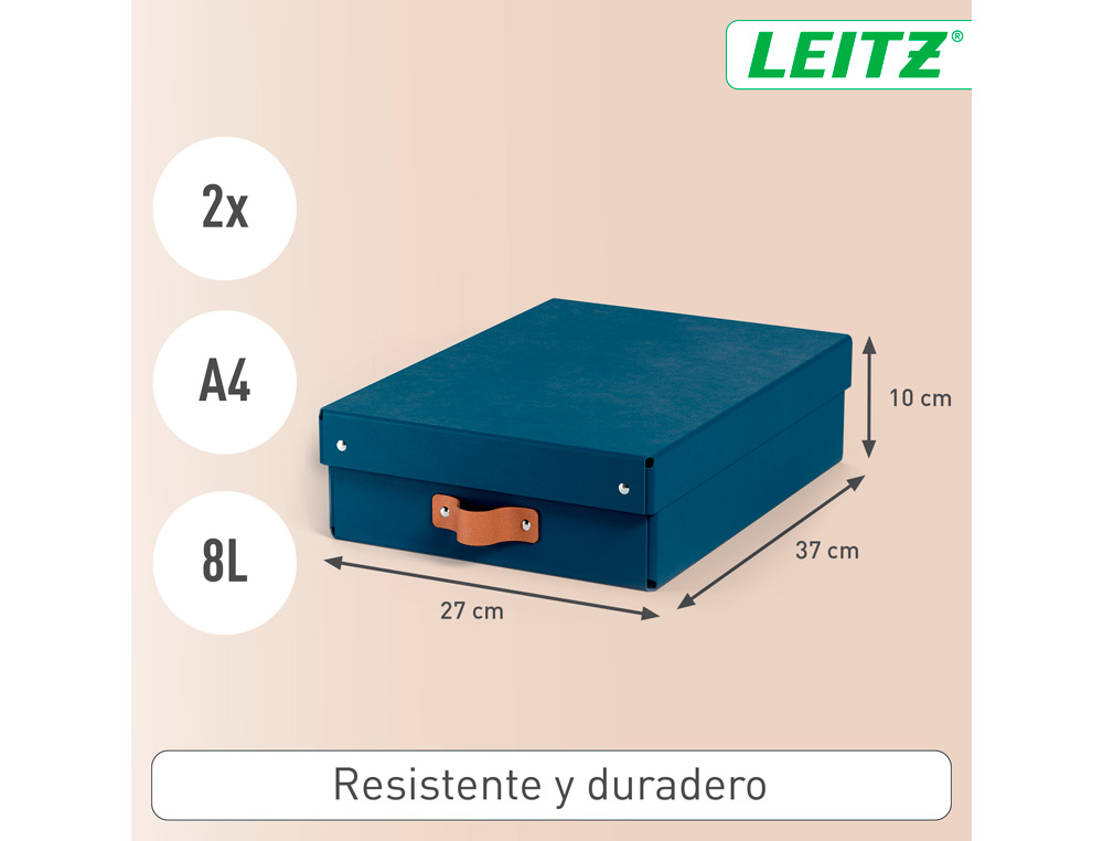 CAJA DE ALMACENAJE LEITZ CARTON MEDIANA BAJA CON ASA DE PIEL COLOR AZUL PACK DE 2 UNIDADES
