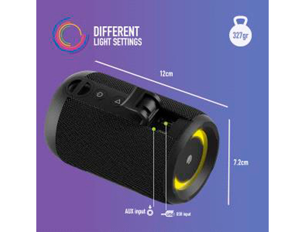 ALTAVOZ NGS ROLLER FURIA 2 TINY PORTATIL 20W BLUETOOTH LUCES RGB E IMPERMEABILIDAD IPX7 COLOR NEGRO