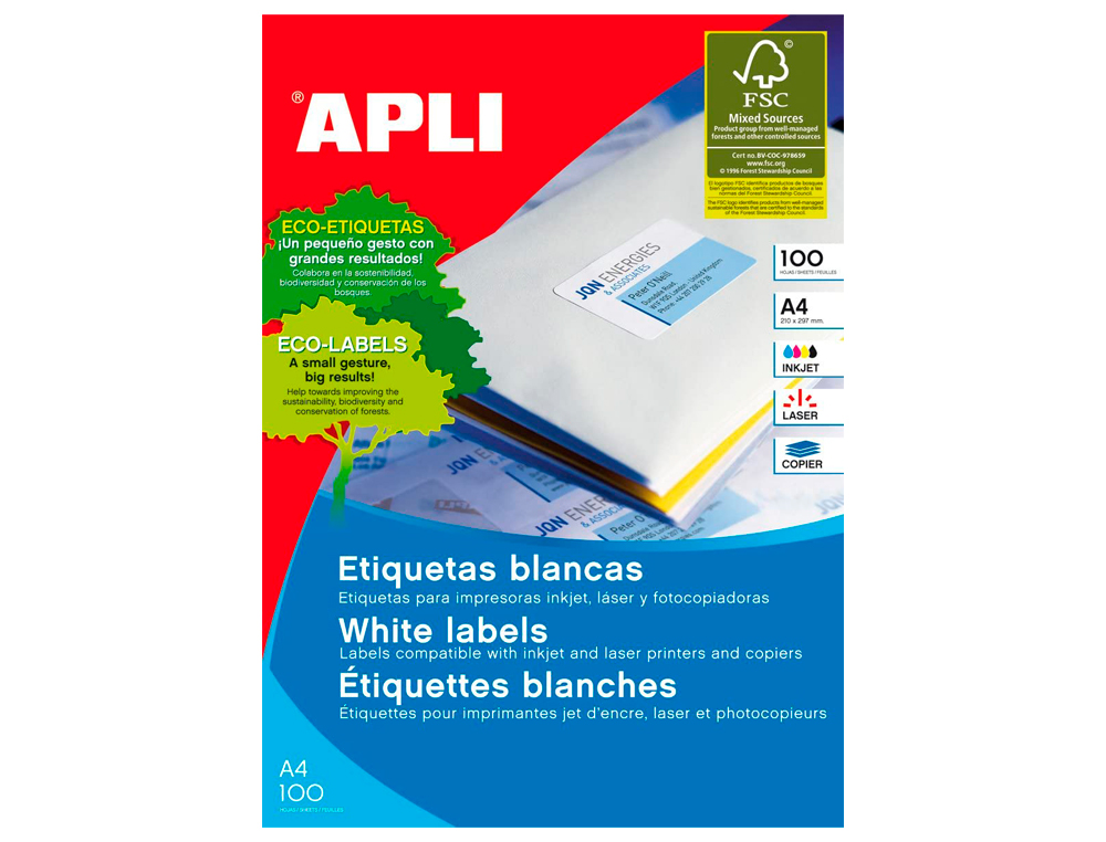 ETIQUETA ADHESIVA APLI 1287 TAMAO 105X35 MM FOTOCOPIADORA LASER INK-JET CAJA CON 100 HOJAS DIN A4