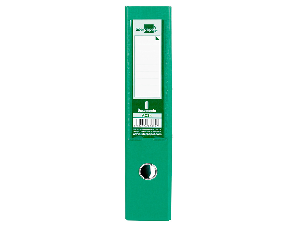 ARCHIVADOR DE PALANCA LIDERPAPEL FOLIO DOCUMENTA FORRADO PVC CON RADO LOMO 75MM VERDE COMPRESOR METALICO