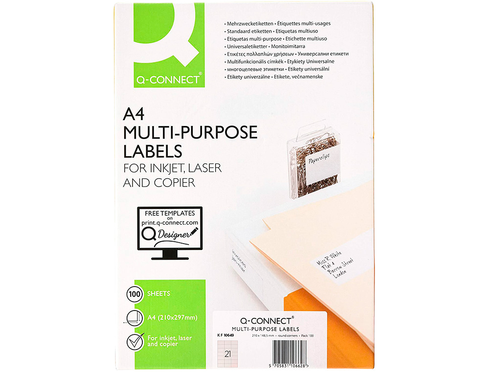 ETIQUETA ADHESIVA Q-CONNECT KF10649 -TAMAO 70X42,3 MM FOTOCOPIADORA LASER INK-JET CAJA CON 100 HOJAS DIN A4