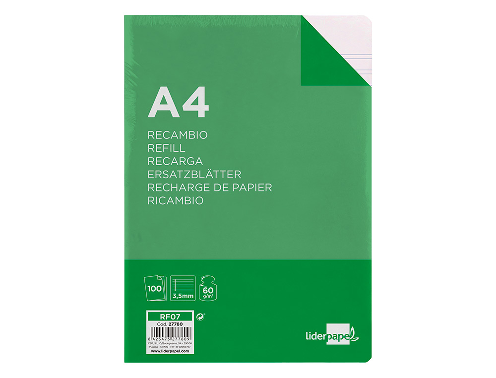 RECAMBIO LIDERPAPEL A4 100 HOJAS 60GR PAUTA 4 3.5MM CON MARGEN 4 TALADROS