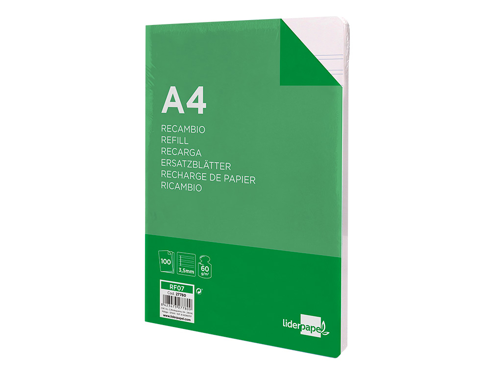 RECAMBIO LIDERPAPEL A4 100 HOJAS 60GR PAUTA 4 3.5MM CON MARGEN 4 TALADROS