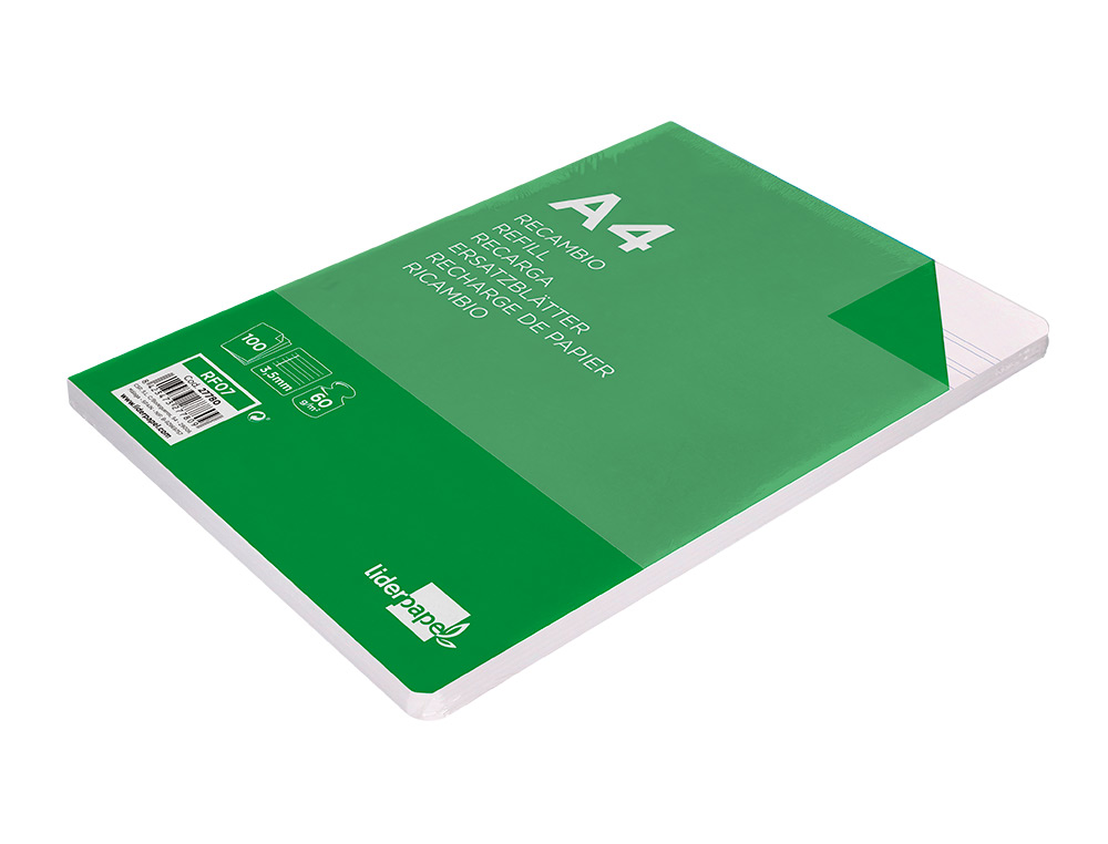 RECAMBIO LIDERPAPEL A4 100 HOJAS 60GR PAUTA 4 3.5MM CON MARGEN 4 TALADROS