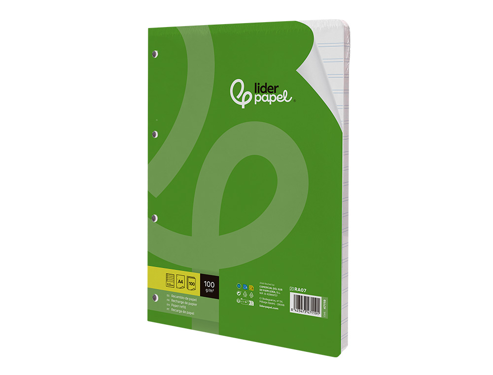 RECAMBIO LIDERPAPEL A4 100 HOJAS 100GR PAUTA 5 2.5MM CON MARGEN 4 TALADROS