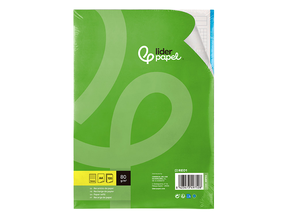 RECAMBIO LIDERPAPEL A4 120 HOJAS 80GR CUADRO 5MM SIN MA RGEN 4 TALADROS BANDAS DE 5 COLORES