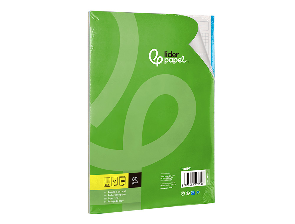 RECAMBIO LIDERPAPEL A4 120 HOJAS 80GR CUADRO 5MM SIN MA RGEN 4 TALADROS BANDAS DE 5 COLORES