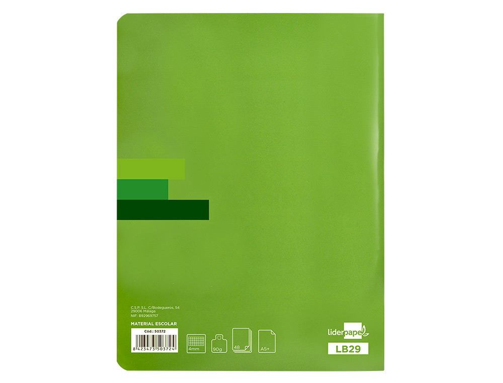 LIBRETA LIDERPAPEL SCRIPTUS A5 48 HOJAS 90GR CUADRO 4MM CON MARGEN COLOR VERDE