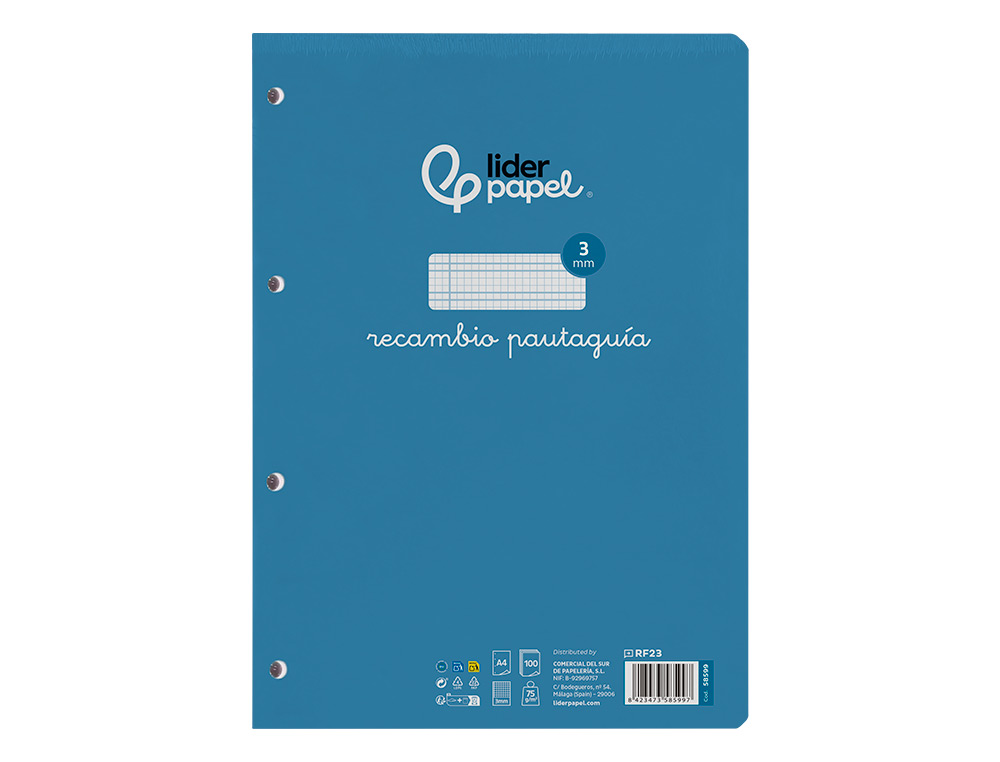 RECAMBIO LIDERPAPEL A4 PAUTAGUIA 100 HOJAS 75GR CUADRICULADO PAUTADO 3MM CON MARGEN 4 TALADROS