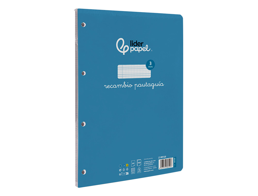 RECAMBIO LIDERPAPEL A4 PAUTAGUIA 100 HOJAS 75GR CUADRICULADO PAUTADO 3MM CON MARGEN 4 TALADROS