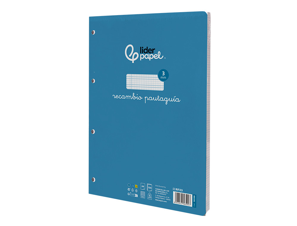 RECAMBIO LIDERPAPEL A4 PAUTAGUIA 100 HOJAS 75GR CUADRICULADO PAUTADO 3MM CON MARGEN 4 TALADROS