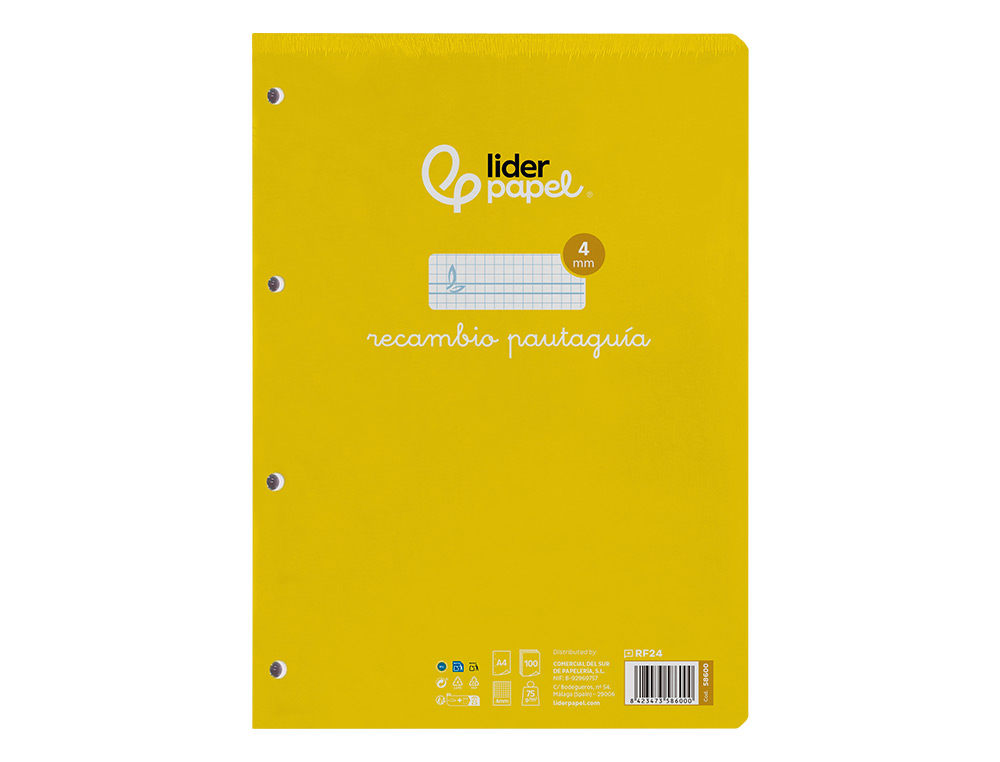 RECAMBIO LIDERPAPEL A4 PAUTAGUIA 100 HOJAS 75GR CUADRICULADO PAUTADO 4MM CON MARGEN 4 TALADROS