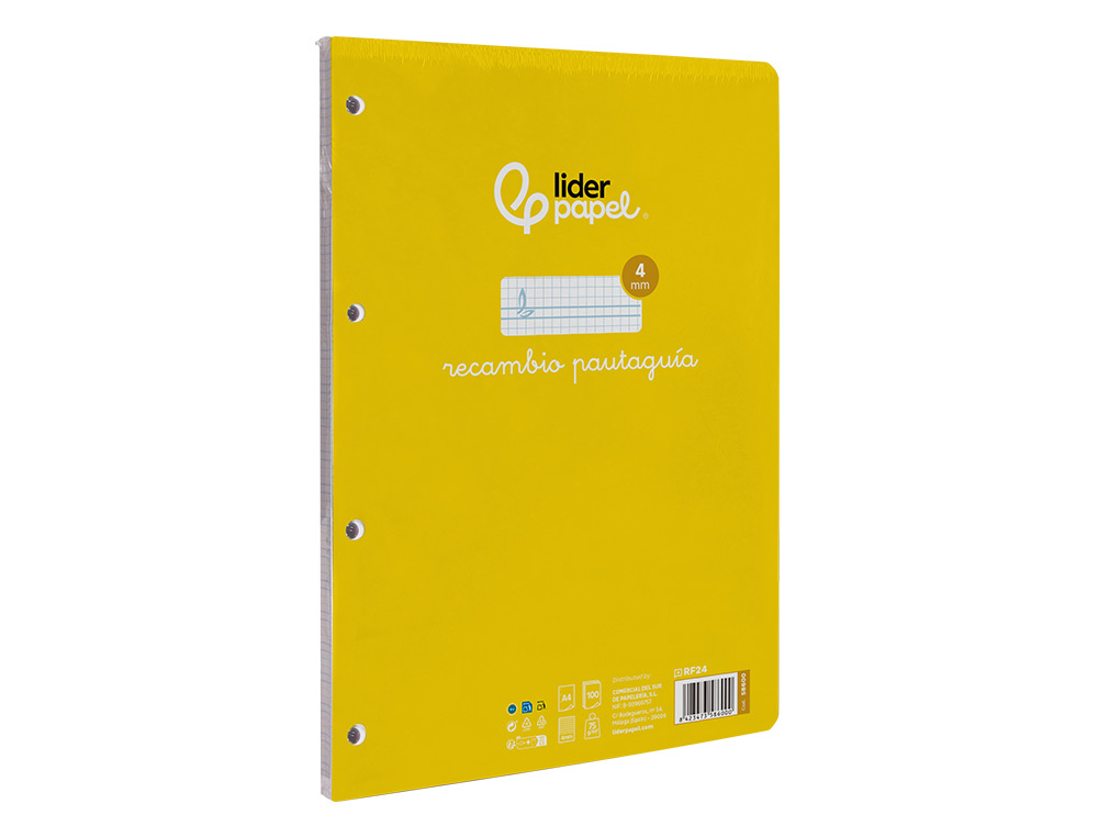 RECAMBIO LIDERPAPEL A4 PAUTAGUIA 100 HOJAS 75GR CUADRICULADO PAUTADO 4MM CON MARGEN 4 TALADROS
