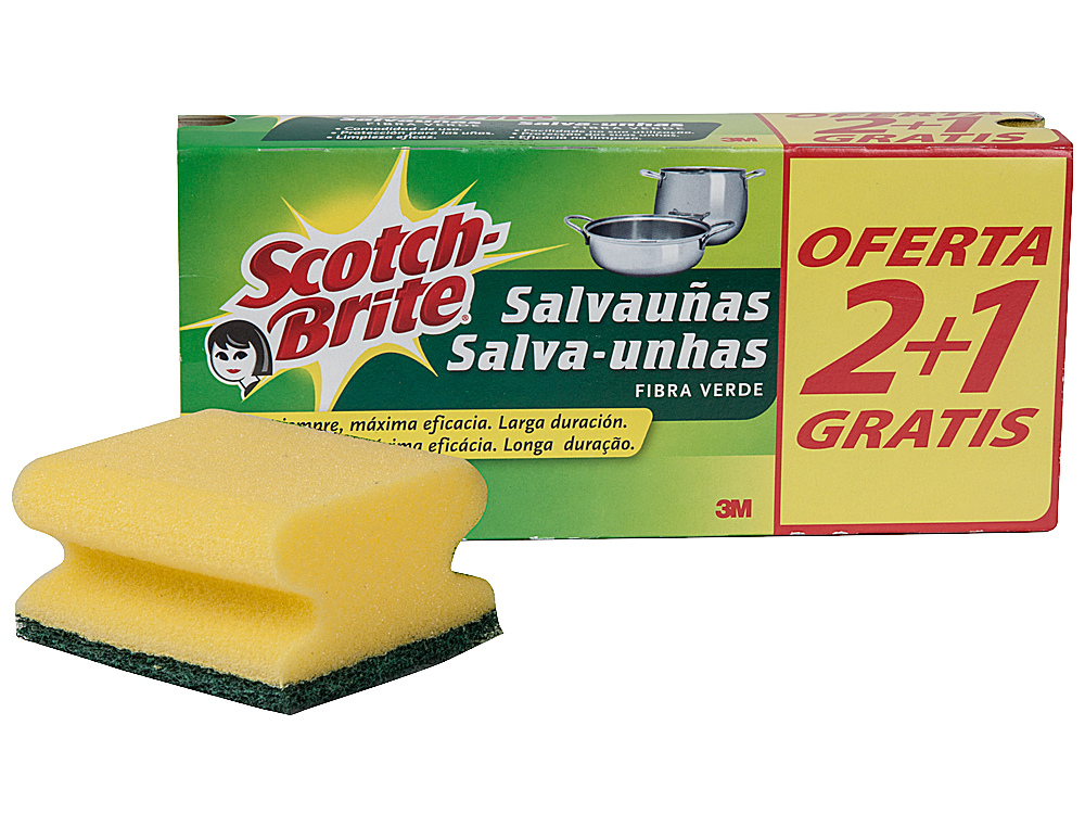 ESTROPAJO SALVAUÑAS SCOTCH BRITE FIBRA VERDE PAQUETE 2+1 GRATIS