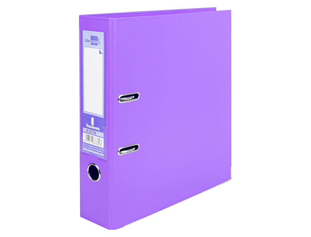 ARCHIVADOR DE PALANCA LIDERPAPEL A4 DOCUMENTA FORRADO PVC CON RADO LOMO 75 MM LILA COMPRESOR METALICO