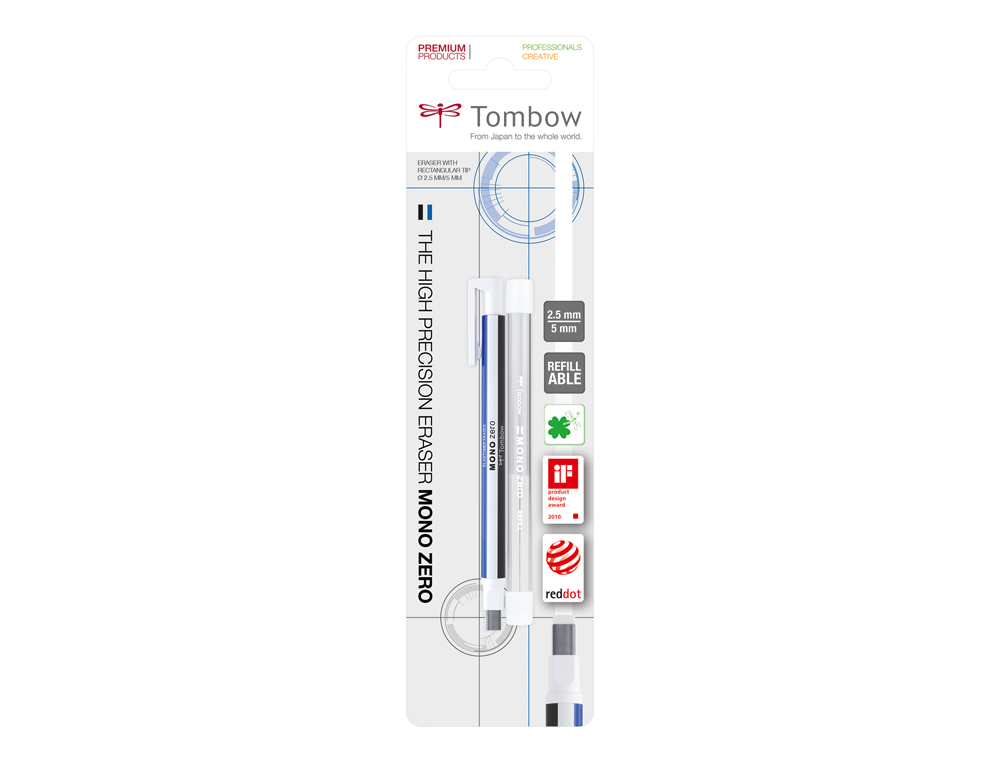PORTAGOMAS TOMBOW MONO ZERO CON CLIP GOMA RECTANGULAR 2,5MM X 5MM+ 2 RECAMBIOS