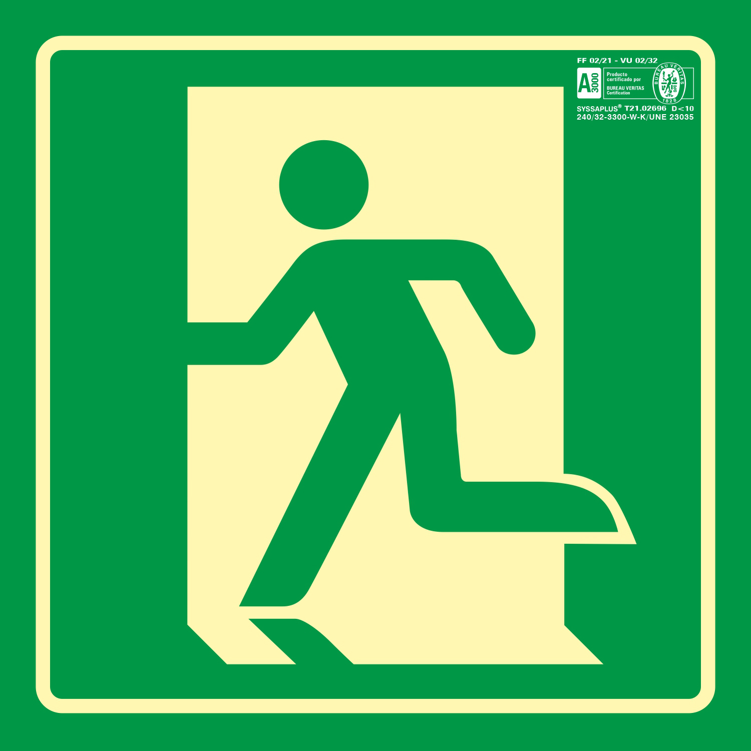PICTOGRAMA SYSSA SEAL DE SALIDA DE EMERGENCIA IZQUIERDA EN PVC FOTOLUMINISCENTE 224X224 MM