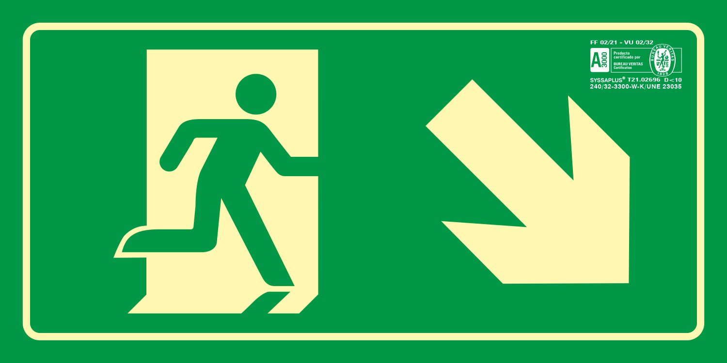 PICTOGRAMA SYSSA SEAL DE SALIDA EMERGENCIA DERECHA ESCALERA BAJANDO EN PVC FOTOLUMINISCENTE 320X160 MM