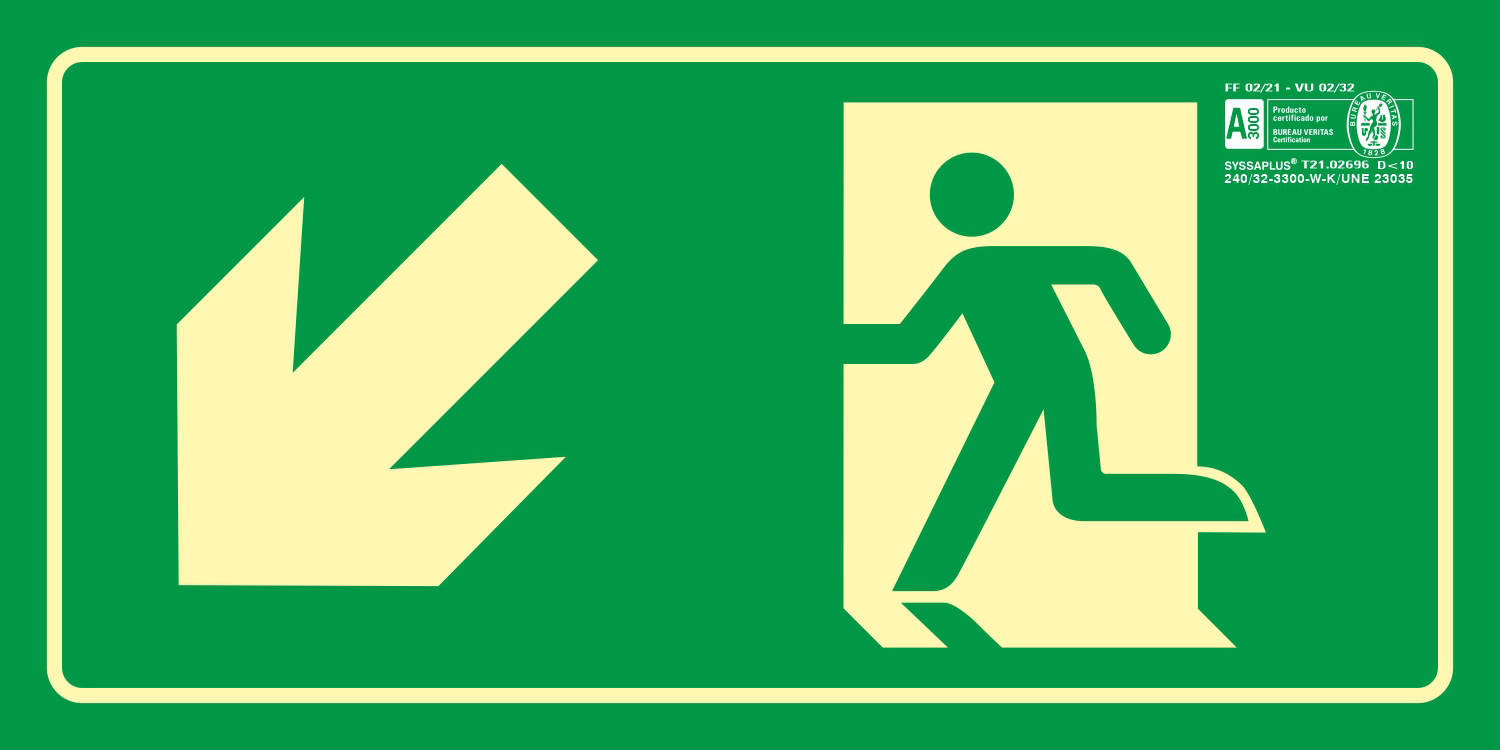 PICTOGRAMA SYSSA SEAL DE SALIDA EMERGENCIA IZQUIERDA ESCALERA BAJANDO EN PVC FOTOLUMINISCENTE 320X160 MM
