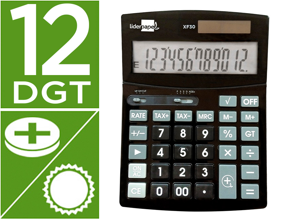 CALCULADORA LIDERPAPEL SOBREMESA XF30 12 DIGITOS TASAS SOLAR Y PILAS COLOR NEGRO 190X140X25 MM