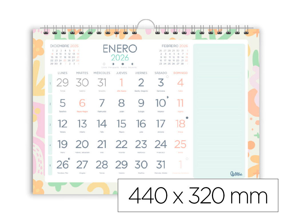 CALENDARIO ESPIRAL PARED LIDERPAPEL JOVEN 2026 NUMEROS GRANDES 44X32 CM PAPEL 128 GR CON PEGATINAS