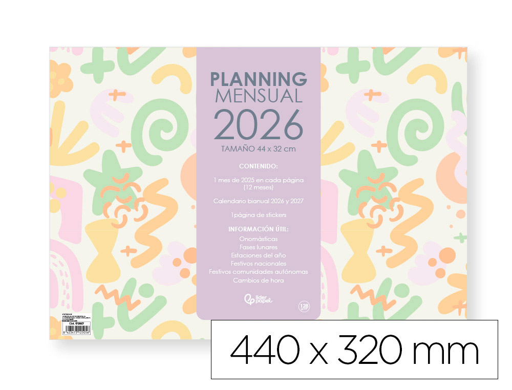 PLANNING MENSUAL LIDERPAPEL JOVEN 2026 44X32 CM CON PEGATINAS LOMO ENGOMADO PAPEL 128 GR
