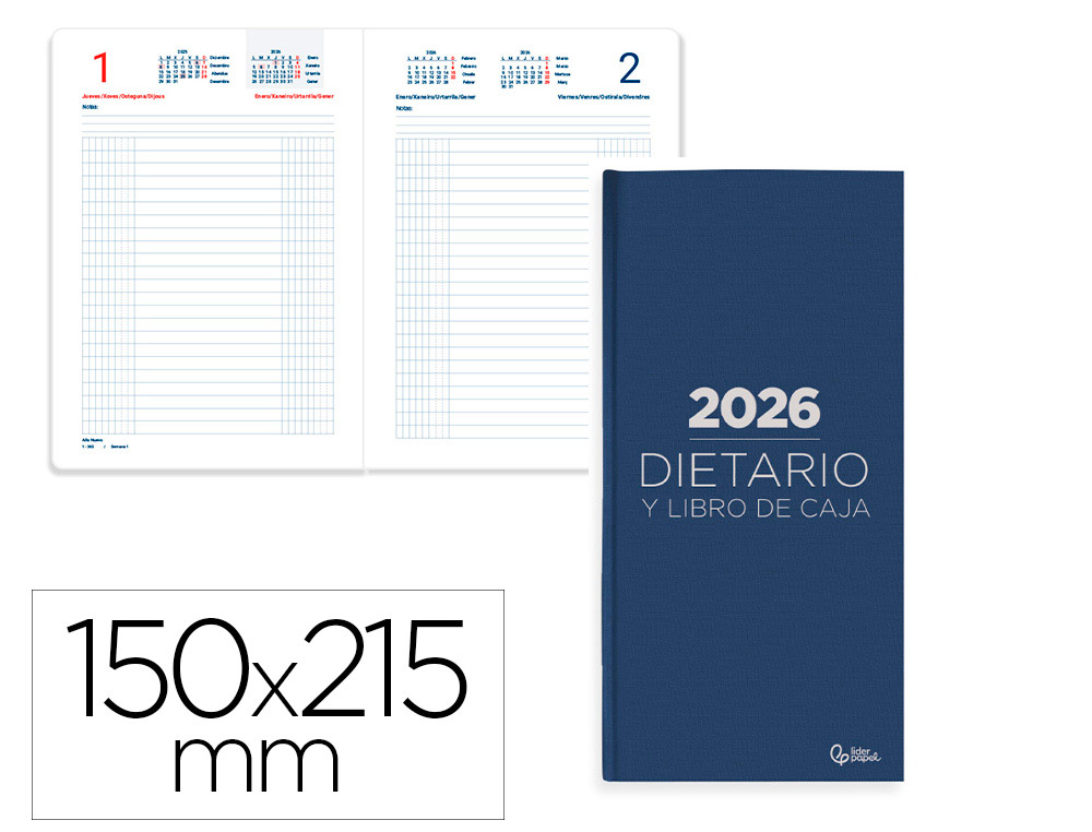 DIETARIO LIDERPAPEL 2026 CUARTO 150X215 MM DIA PAGINA COLOR AZUL PAPEL 70 GR