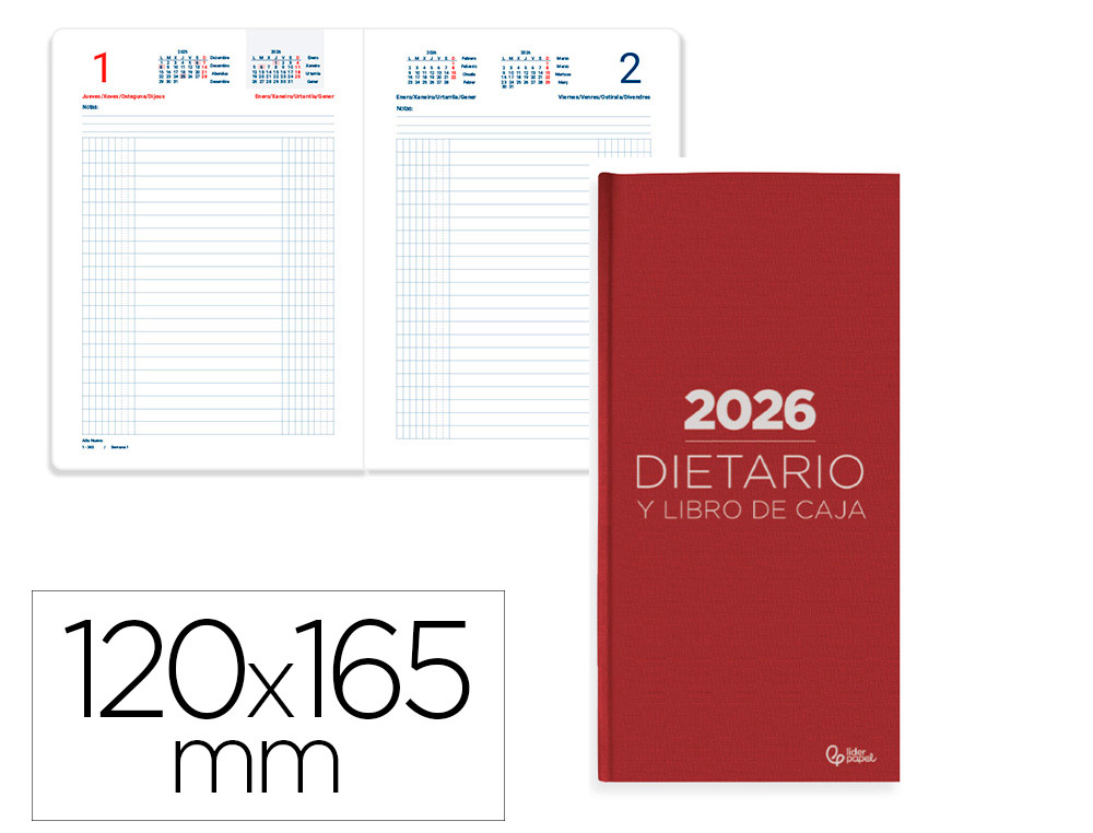 DIETARIO LIDERPAPEL 2026 OCTAVO 120X165 MM DIA PAGINA COLOR ROJO PAPEL 70 GR