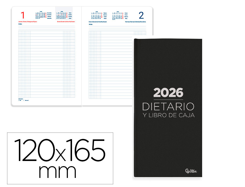 DIETARIO LIDERPAPEL 2026 OCTAVO 120X165 MM DIA PAGINA COLOR NEGRO PAPEL 70 GR