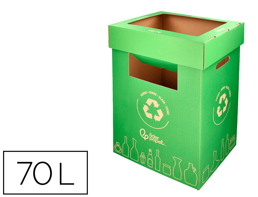 CONTENEDOR PAPELERA RECICLAJE LIDERPAPEL CARTON RECICLADO PARA VIDRIO 450X350X650 MM 70 LITROS VERDE