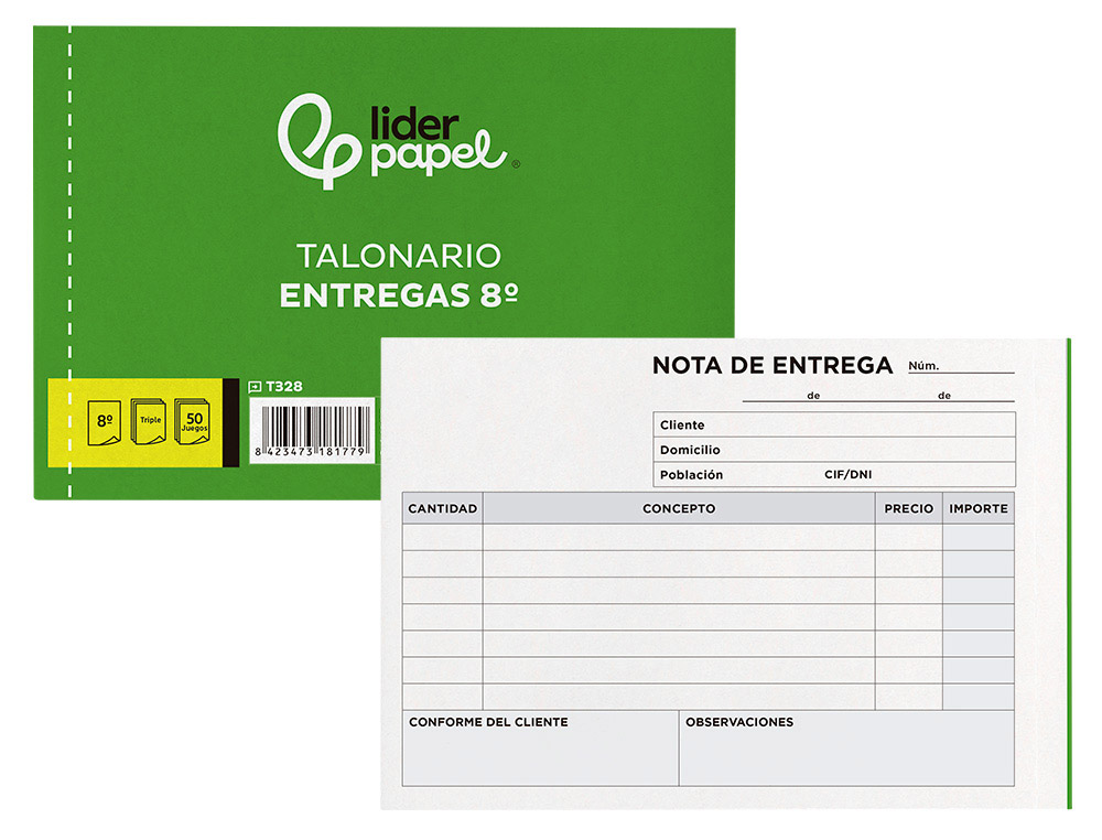 TALONARIO LIDERPAPEL ENTREGAS 8 ORIGINAL Y 2 COPIAS T328 APAISADO