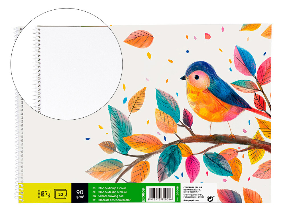 BLOC DIBUJO LIDERPAPEL ESCOLAR ESPIRAL 155X215MM 20 HOJAS 90G/M2 SIN RECUADRO