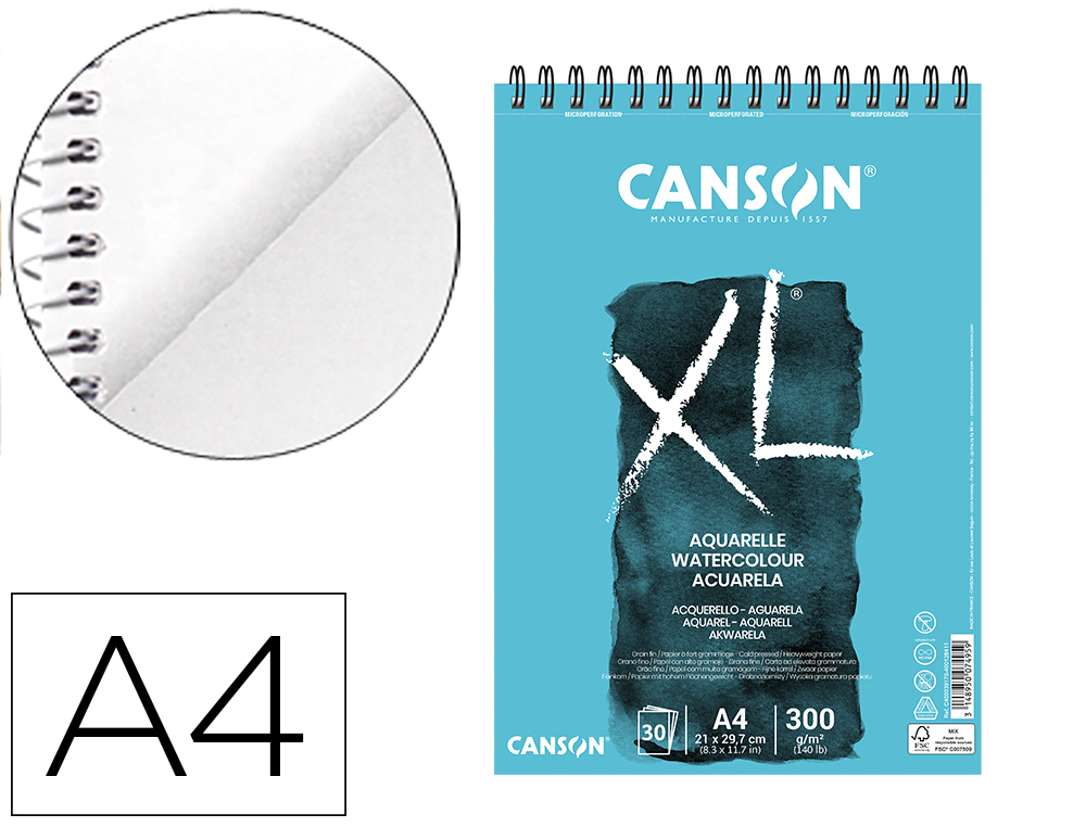 BLOC DIBUJO ACUARELA CANSON XL AQUARELLE GRANO FINO DIN A4 MICROPERFORADO ESPIRAL 21X29,7 CM 30 HOJAS 300 GR